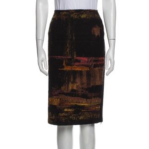 Stunning Lafayette 148 Wool Pencil Skirt with Painterly Pattern